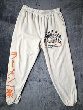 Naruto Shippuden Ichiraku Ramen Graphic Jogger Sweatpants Cream Men's Size M VTG